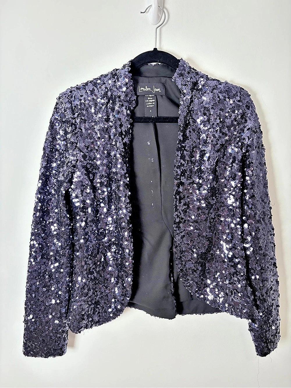 London Jean Navy Blue Sequin Open Front Evening Blazer Size 2